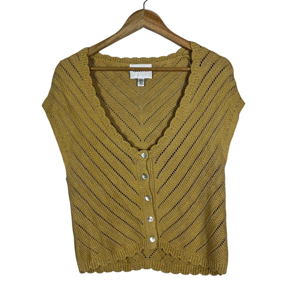 Industry Pointelle Chevron Knit Cardigan Vest Mustard Yellow Boho Scallop Size S